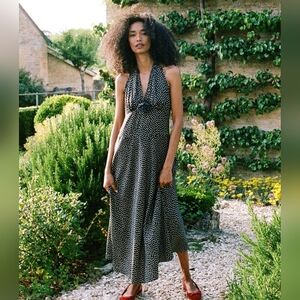 Doen Black Mazarin Silk Blend Halter Dress In Camille Dot Size XXL